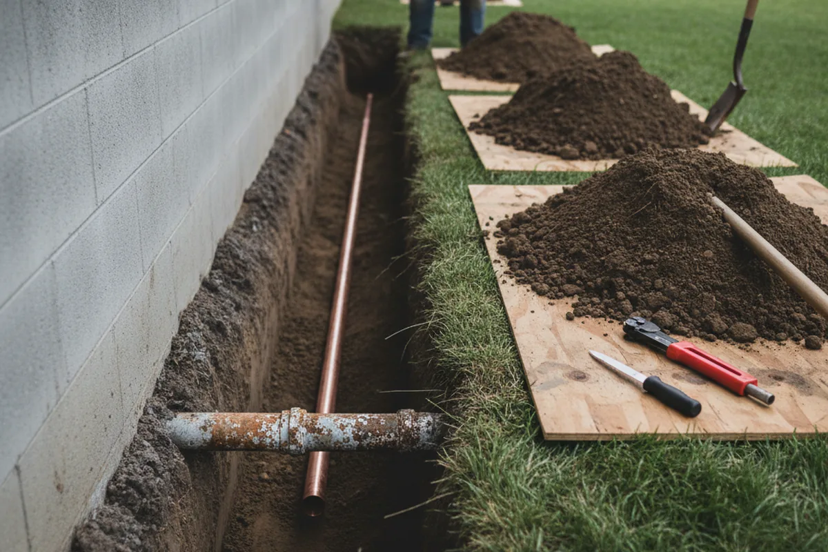 Excavated water line trench during Sewer Line Repair in Oak View